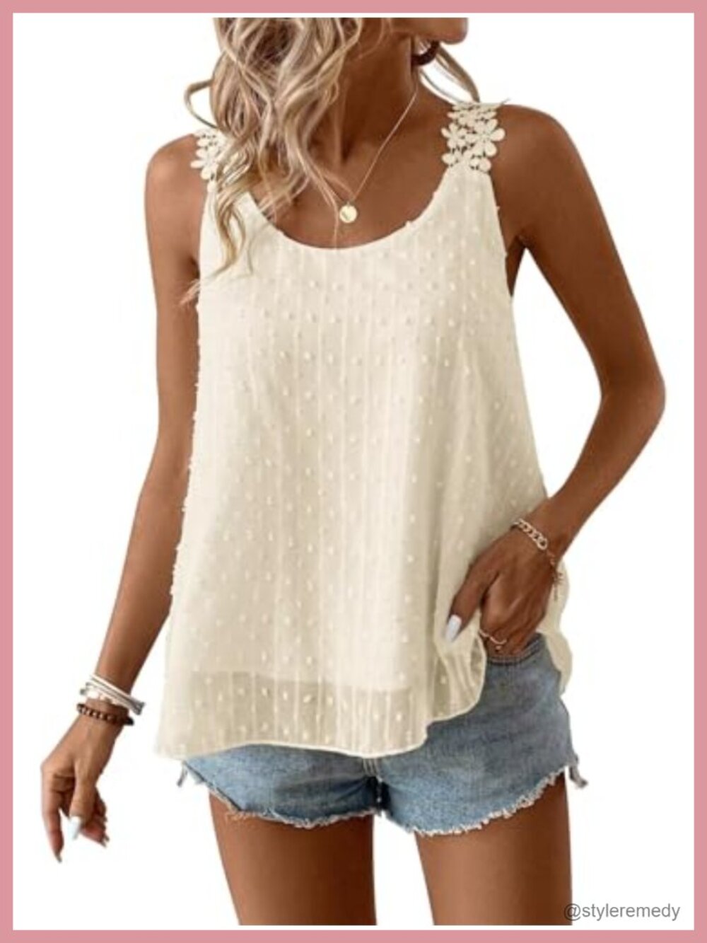Women's Sleeveless Swiss Dot Tank Top Lace Floral Straps Summer Casual